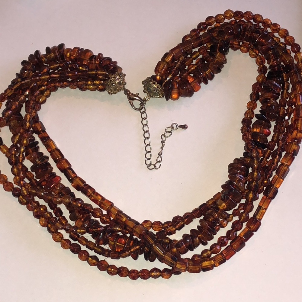 Elegant Multi-Strand Amber Color Beaded Boho Necklace